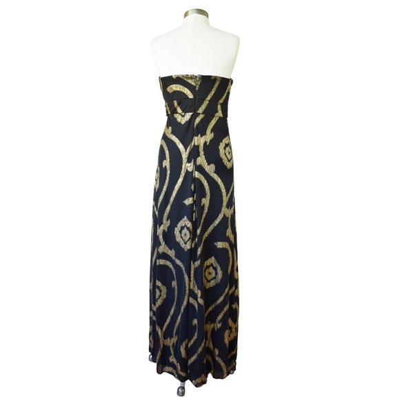 Betsy & Adam Black Metallic Gold Swirl Embellished Strapless Maxi Dress Gown - Picture 5 of 11